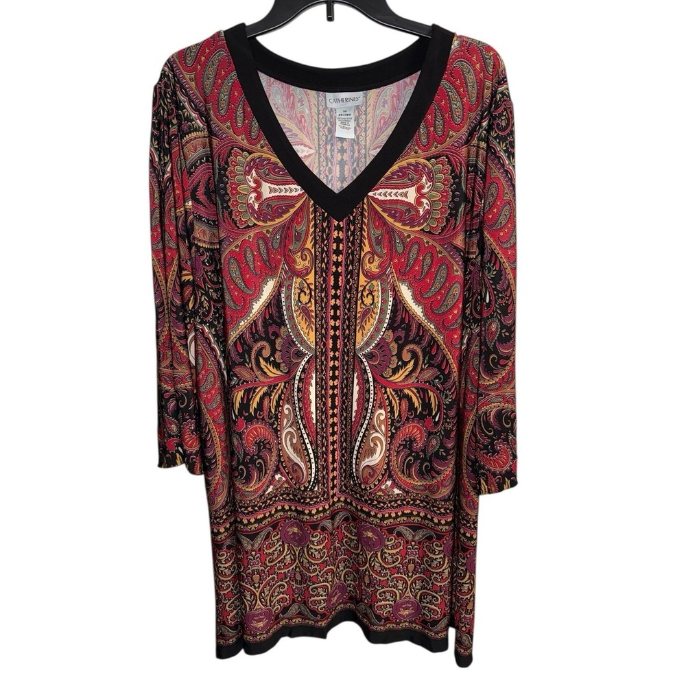 Catherines Tunic Women's 3X Red Paisley V-Neck 3/4 Sleeves Pullover Top‎ Artsy